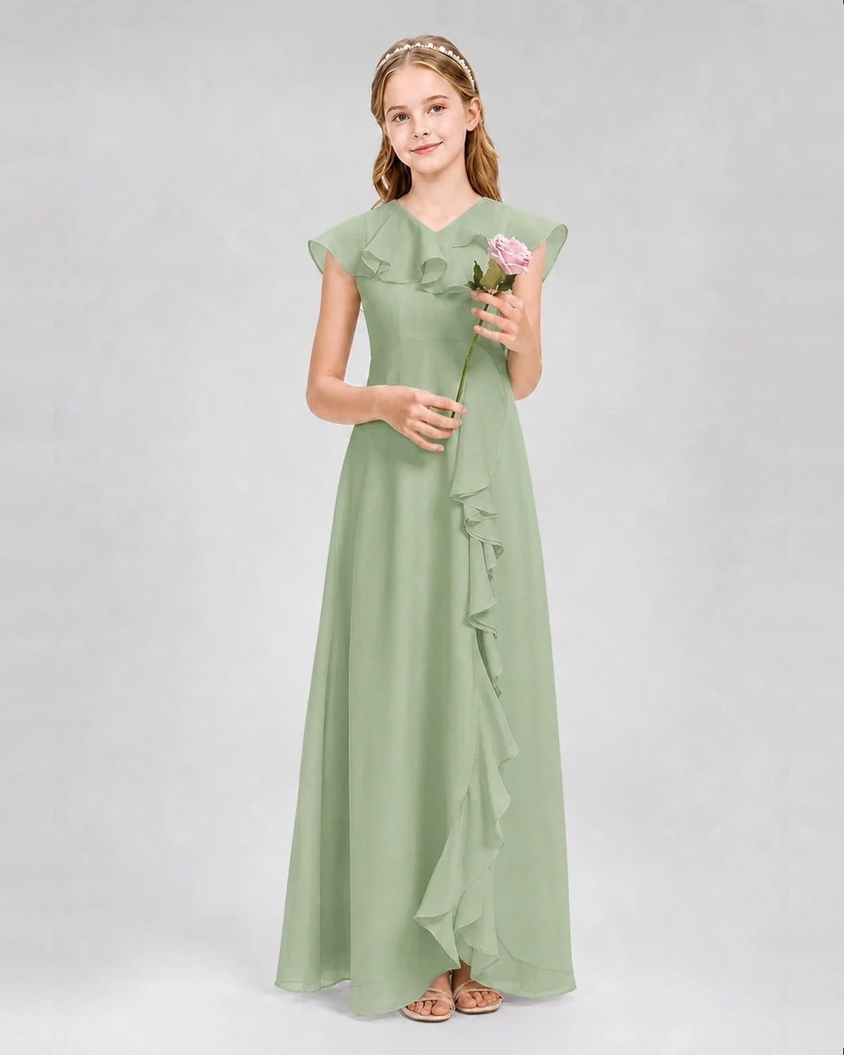 Sage Green A-line Junior Bridesmaid Dresses Front