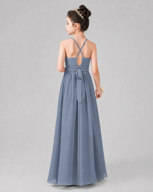Dusty Blue A-line Junior Bridesmaid Dresses Back