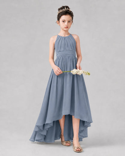 Dusty Blue A-line Junior Bridesmaid Dresses Side