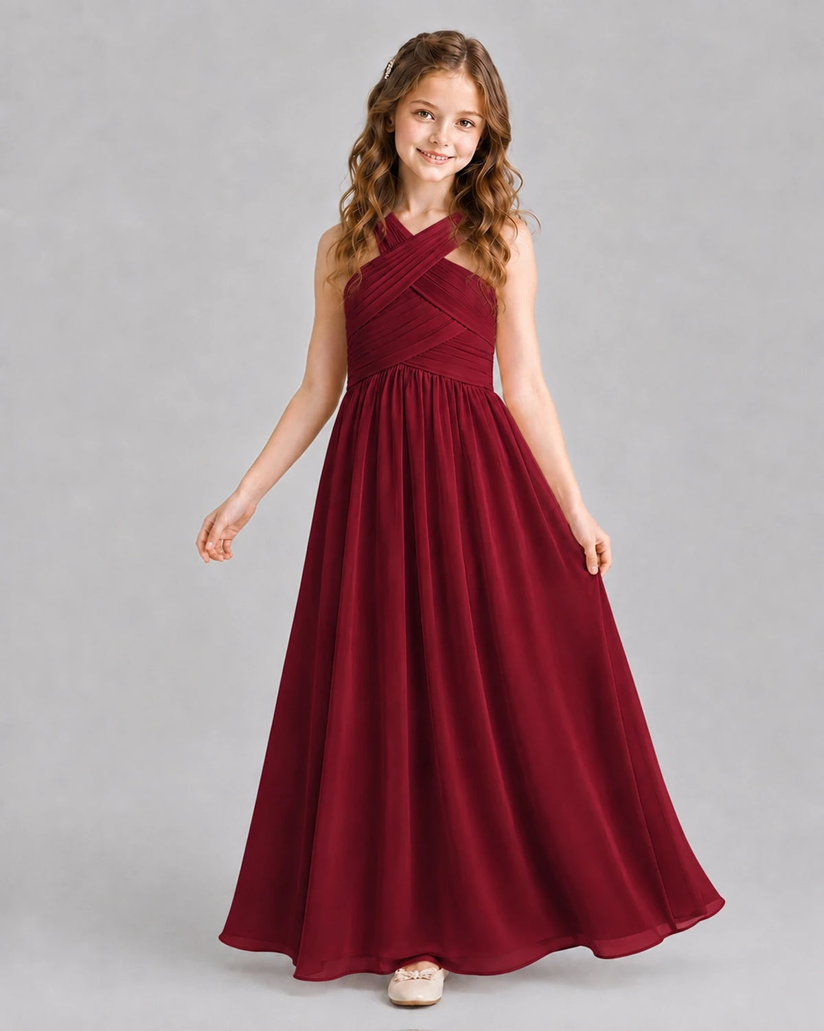 Burgundy A-line Junior Bridesmaid Dresses Pose