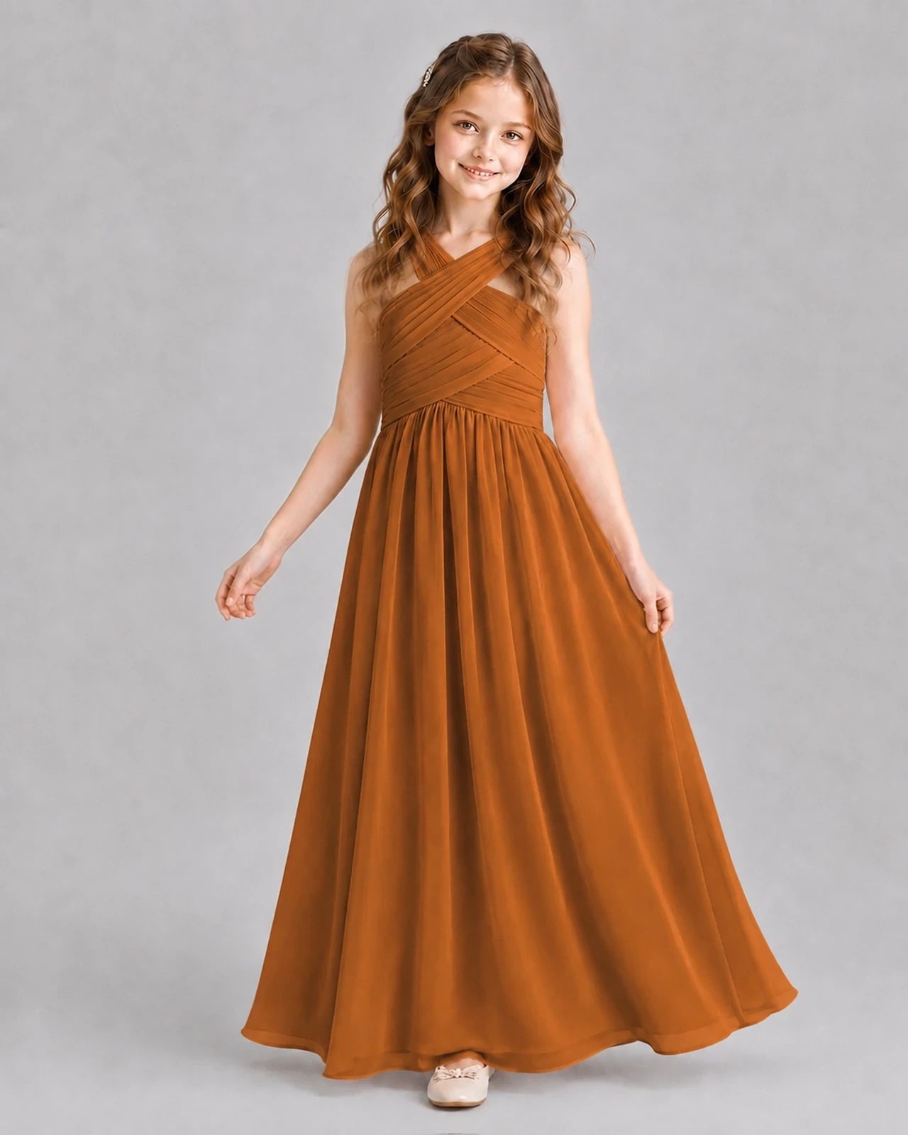 Burnt Orange A-line Junior Bridesmaid Dresses Pose