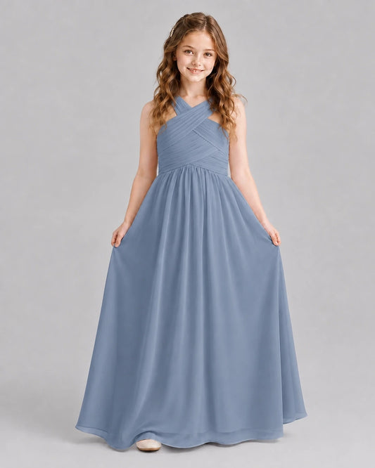 Dusty Blue A-line Junior Bridesmaid Dresses Front