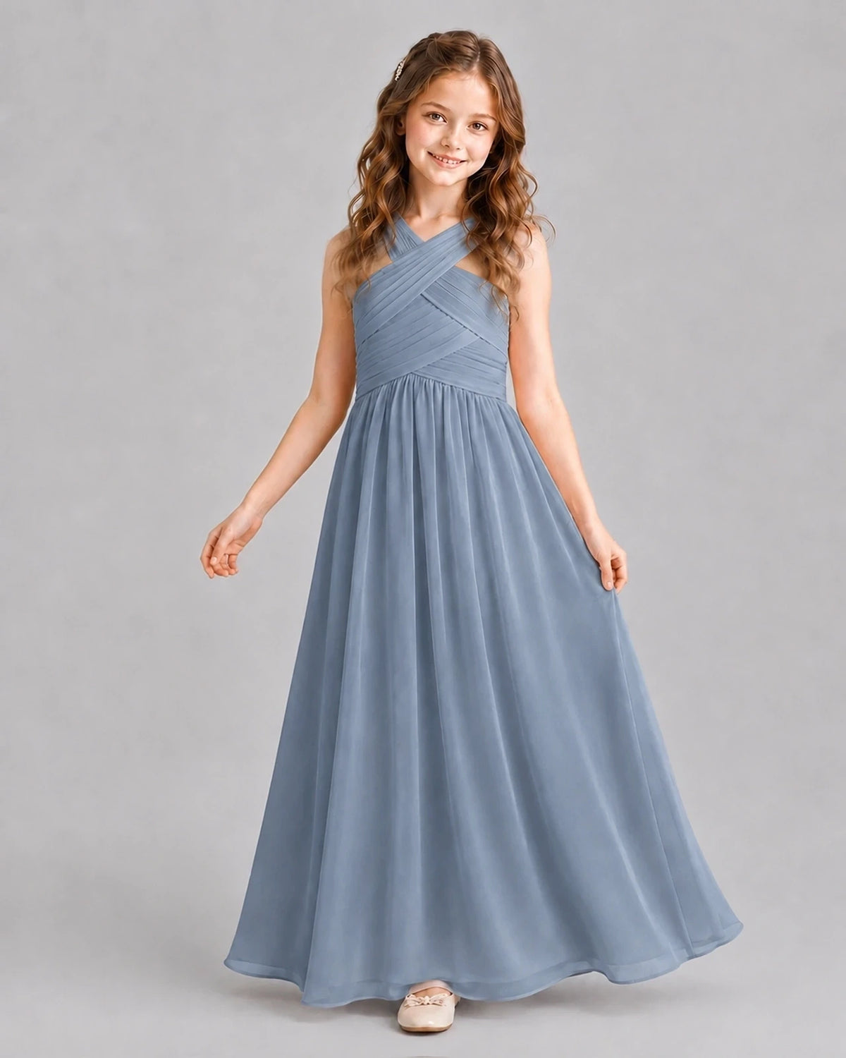 Dusty Blue A-line Junior Bridesmaid Dresses Pose