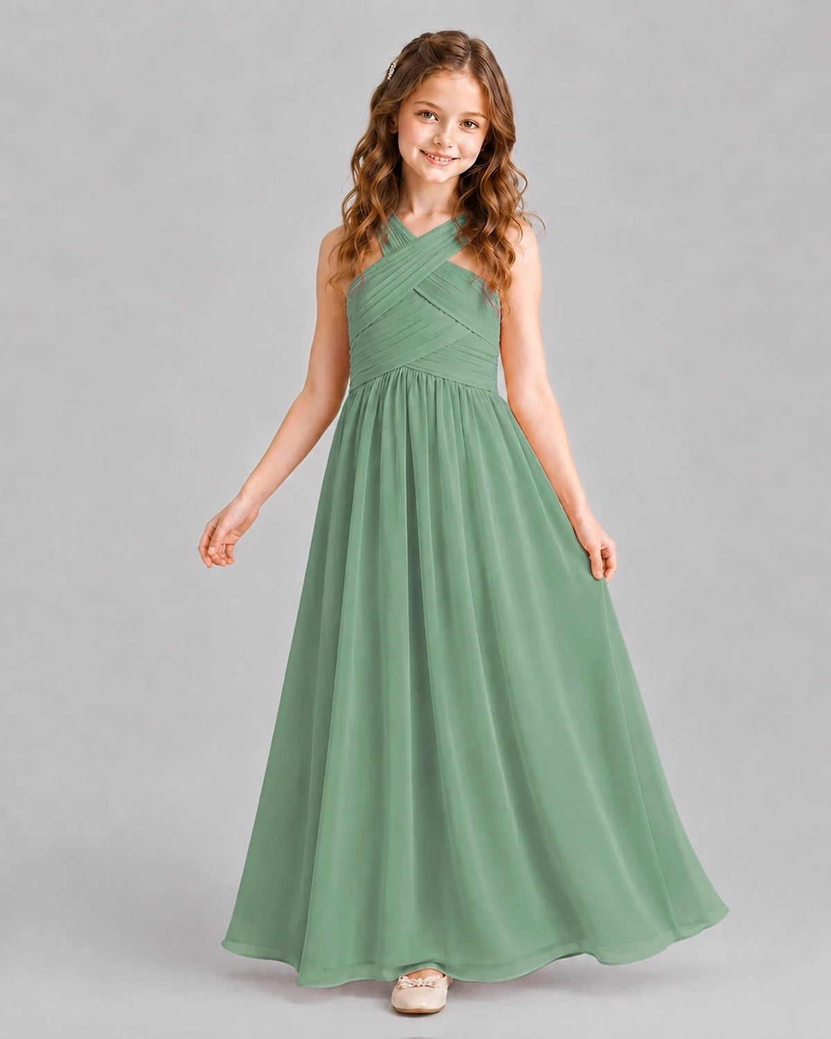Eucalyptus A-line Junior Bridesmaid Dresses Pose
