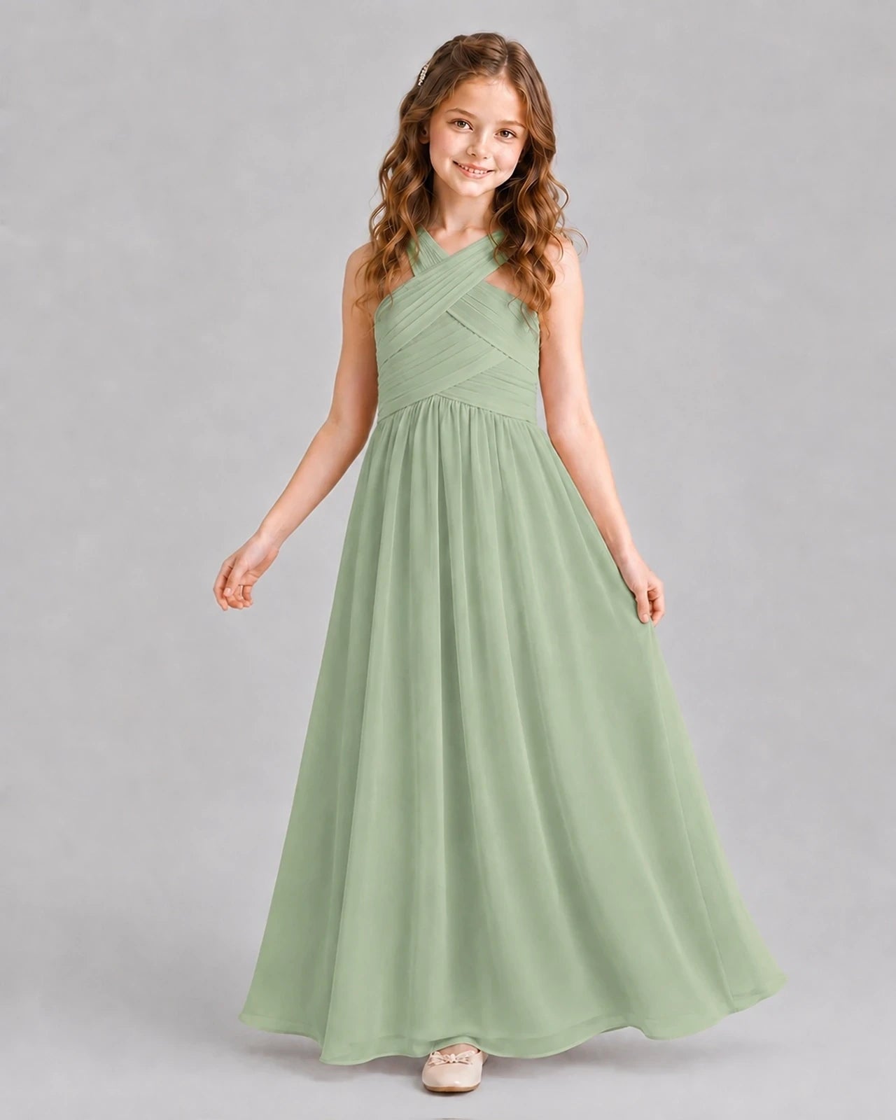 Sage Green A-line Junior Bridesmaid Dresses Pose