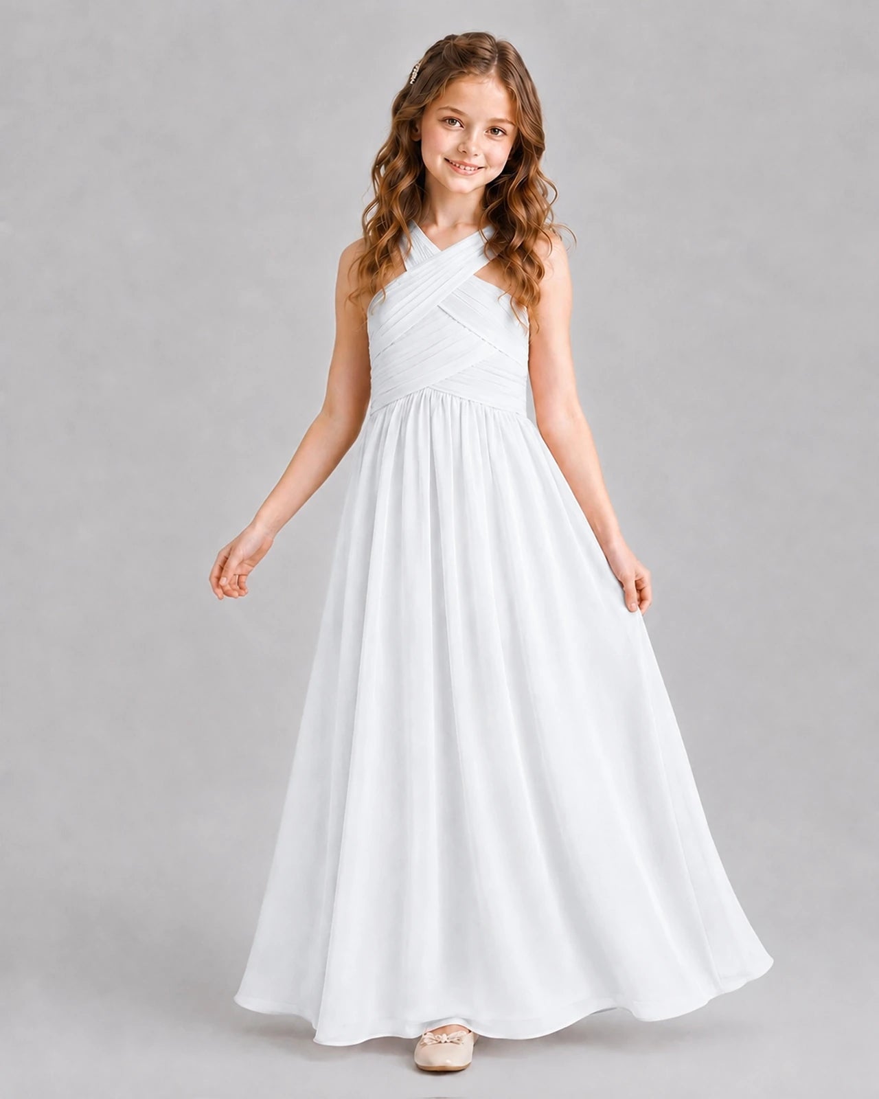 White A-line Junior Bridesmaid Dresses Pose