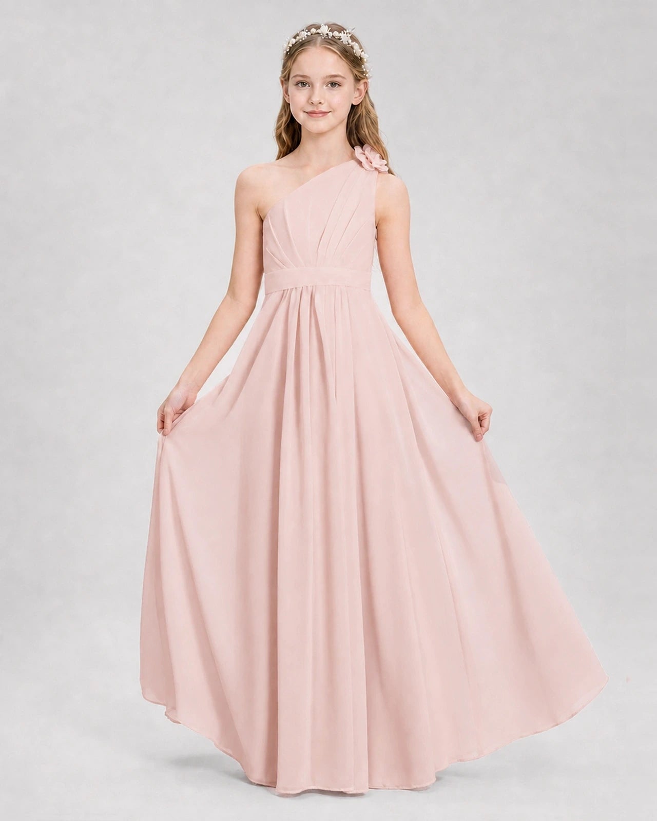 Blush Pink A-line Junior Bridesmaid Dresses Side