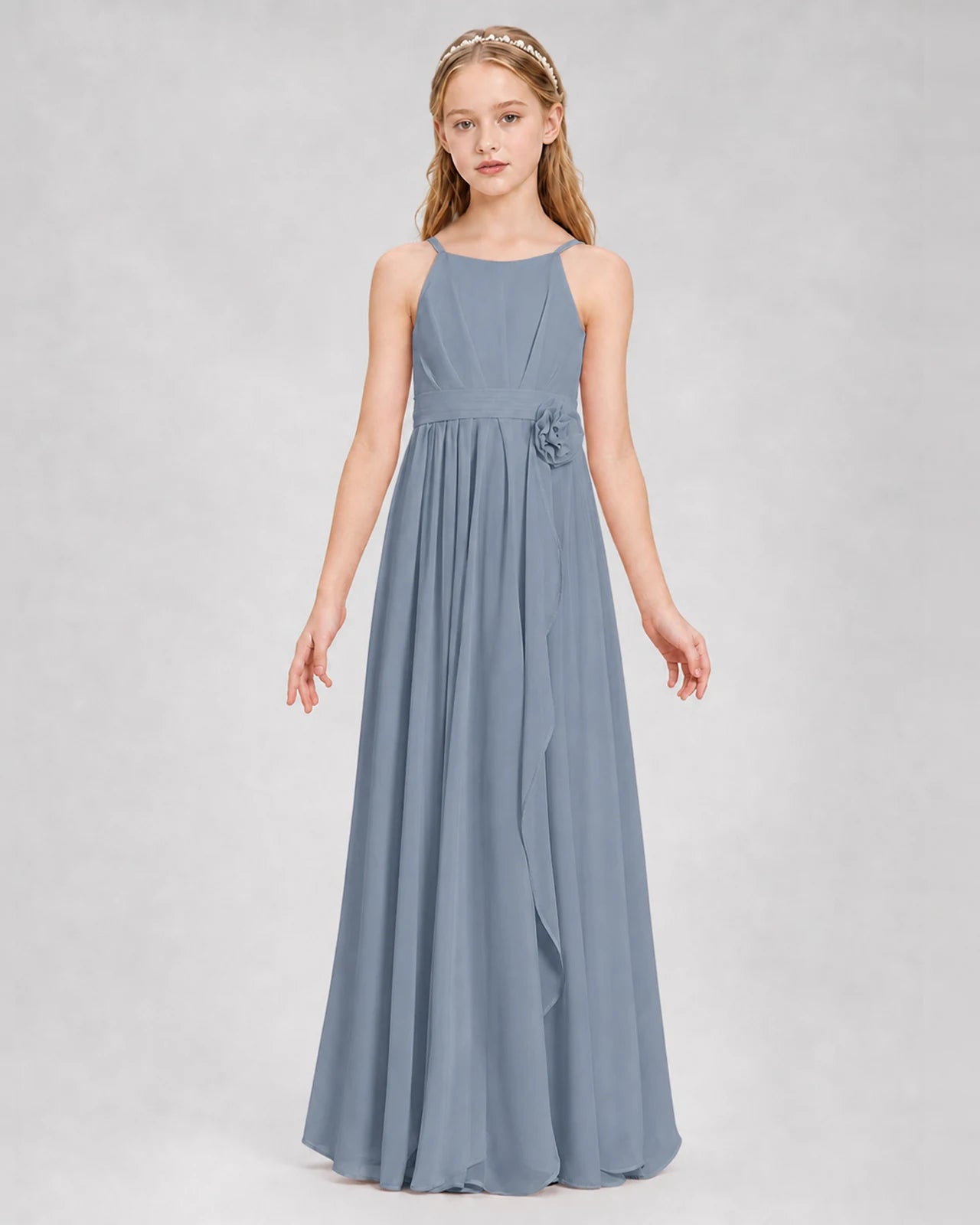 Dusty Blue A-line Junior Bridesmaid Dresses Front