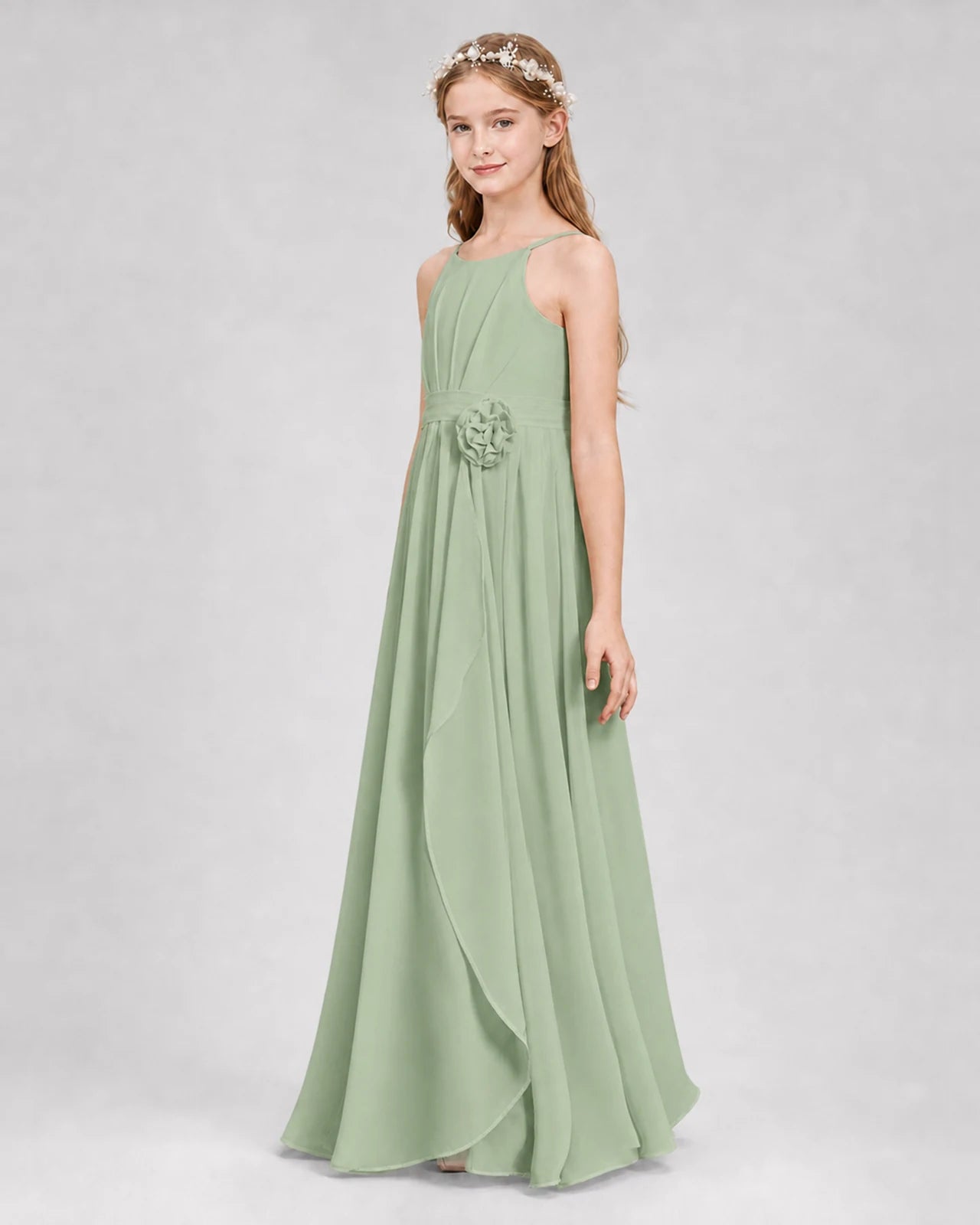 Sage Green A-line Junior Bridesmaid Dresses Side