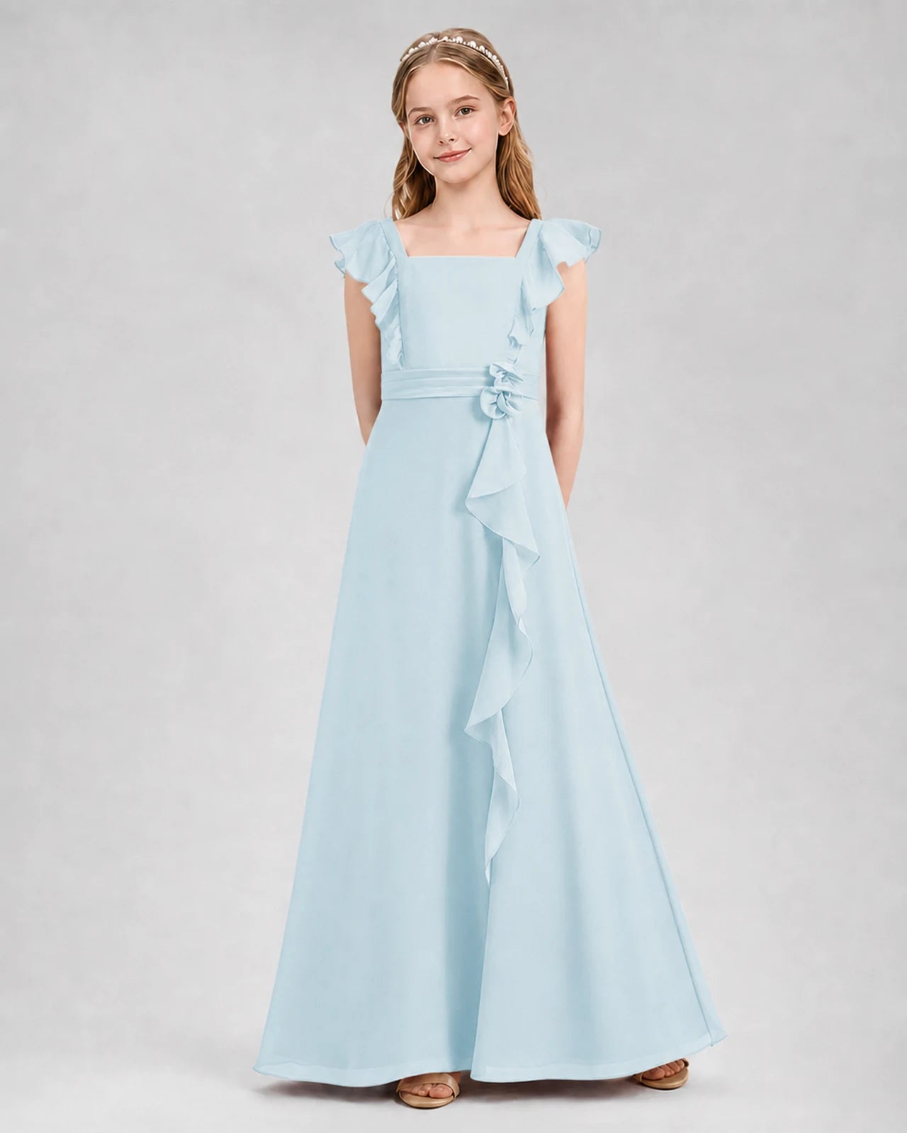 Baby Blue A-line Junior Bridesmaid Dresses Front