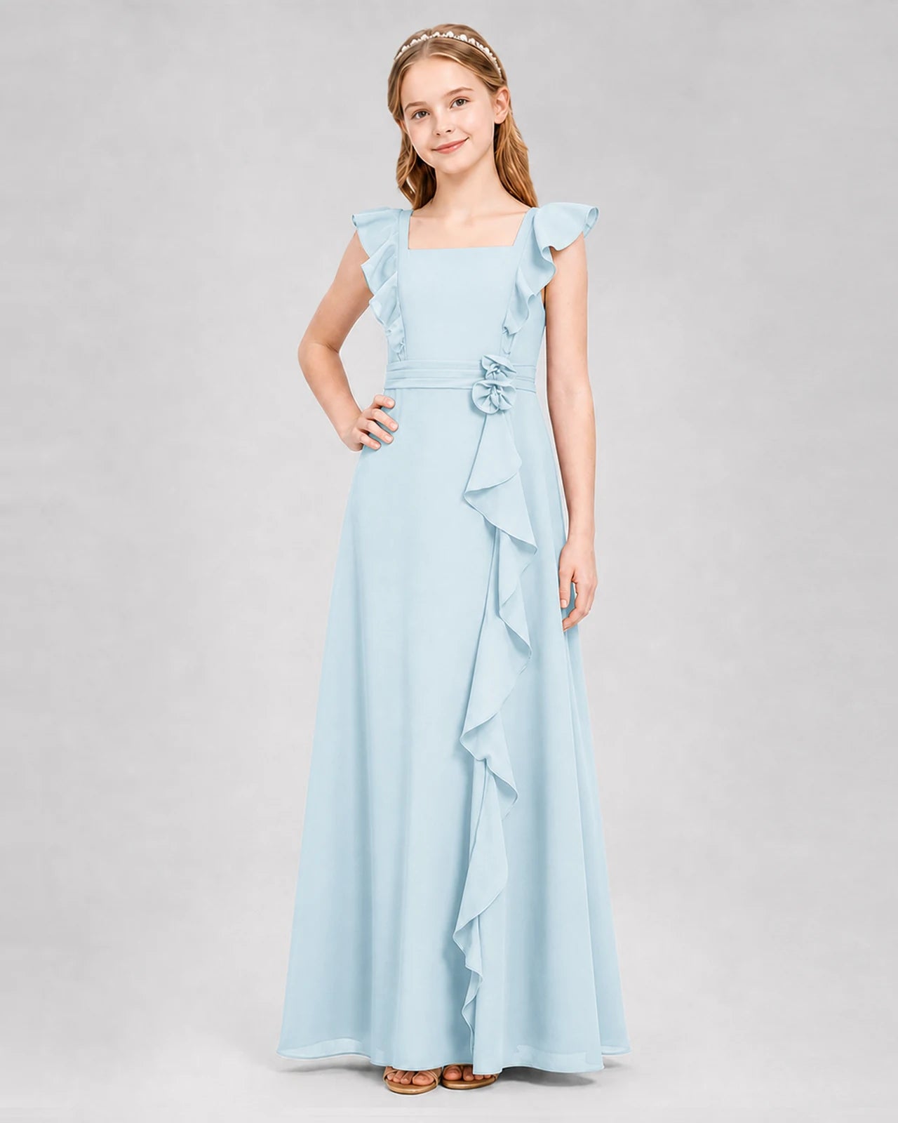 Baby Blue A-line Junior Bridesmaid Dresses Side