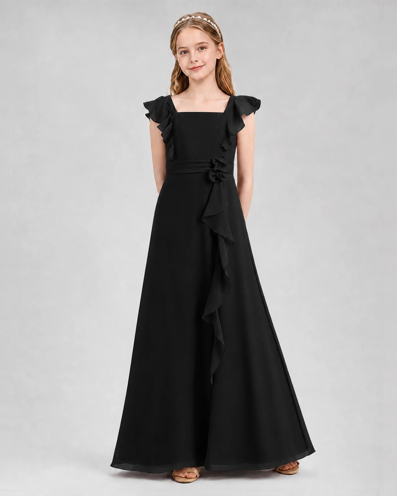 Black A-line Junior Bridesmaid Dresses Front