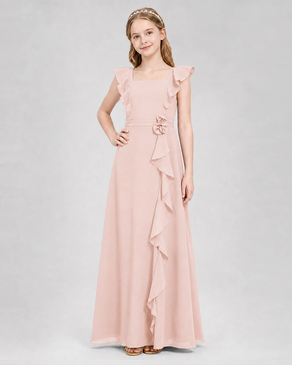 Blush Pink A-line Junior Bridesmaid Dresses Side