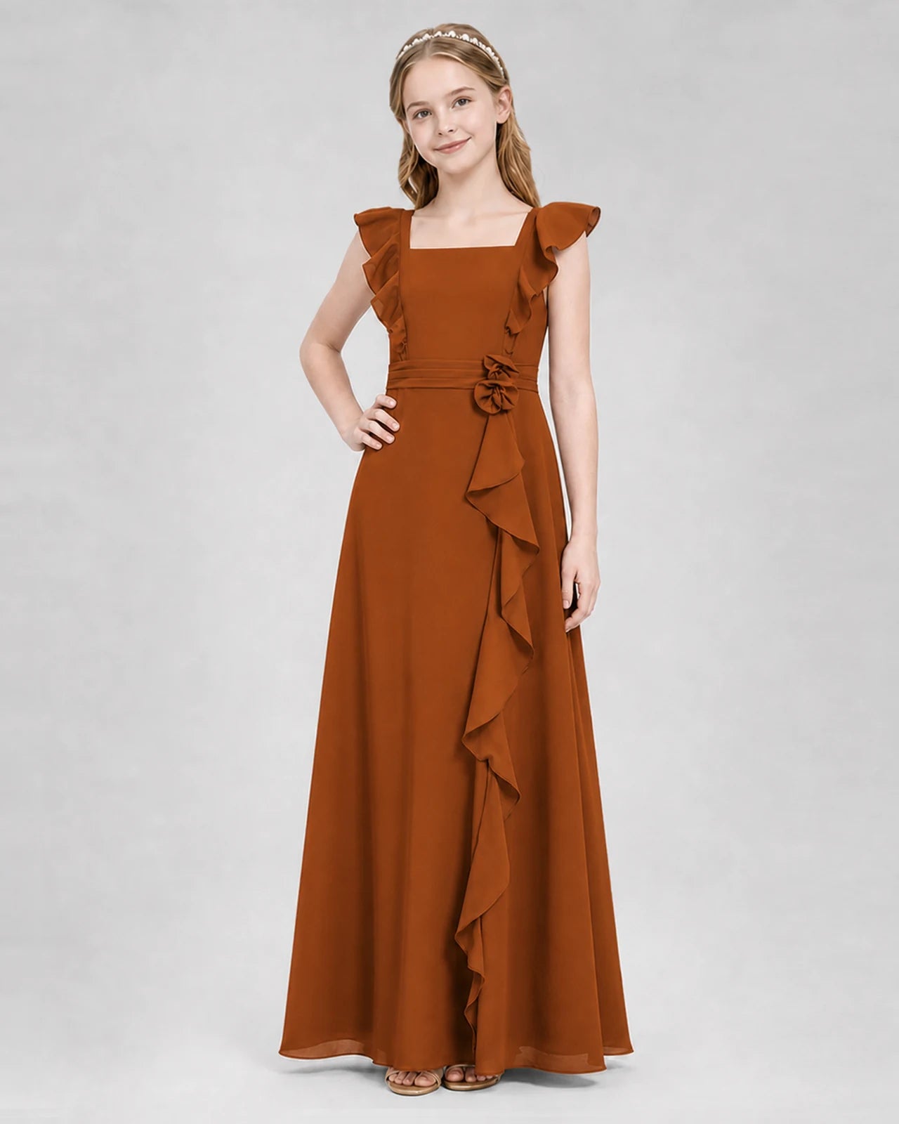 Burnt Orange A-line Junior Bridesmaid Dresses Side