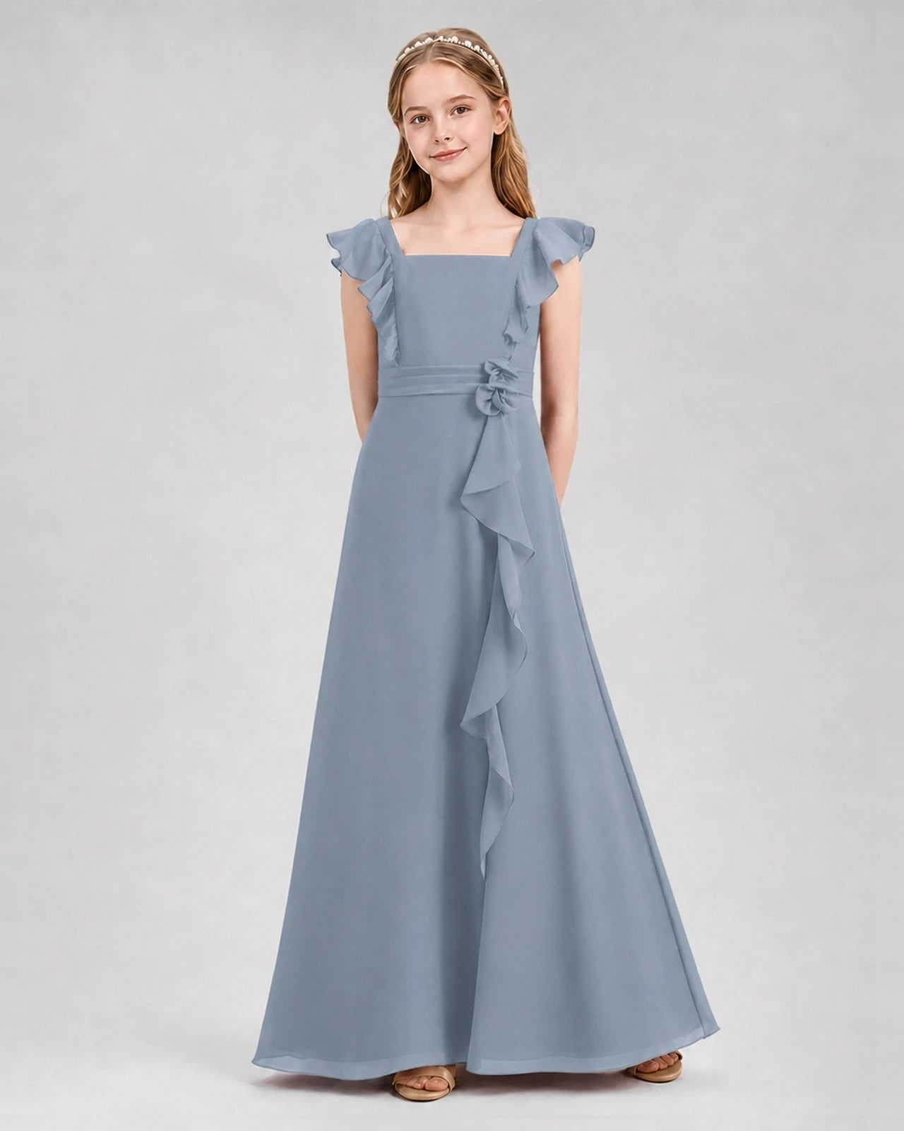 Dusty Blue A-line Junior Bridesmaid Dresses Front
