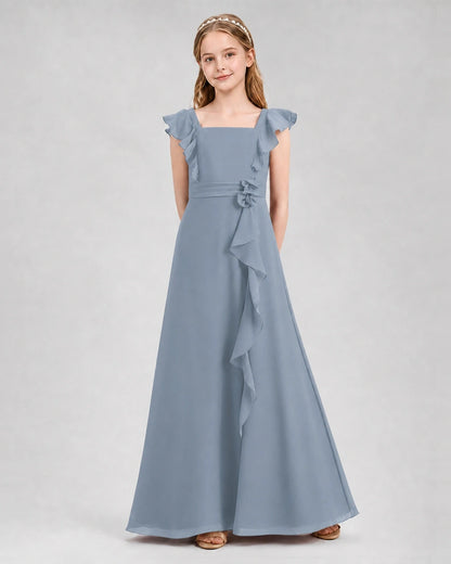 Dusty Blue A-line Junior Bridesmaid Dresses Front