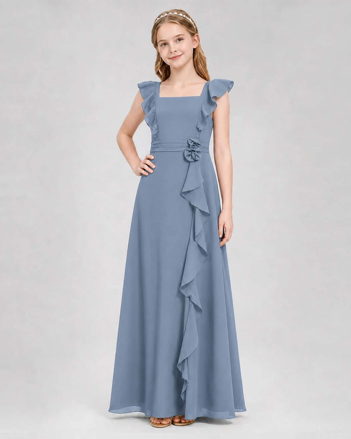Dusty Blue A-line Junior Bridesmaid Dresses Side