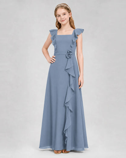 Dusty Blue A-line Junior Bridesmaid Dresses Side