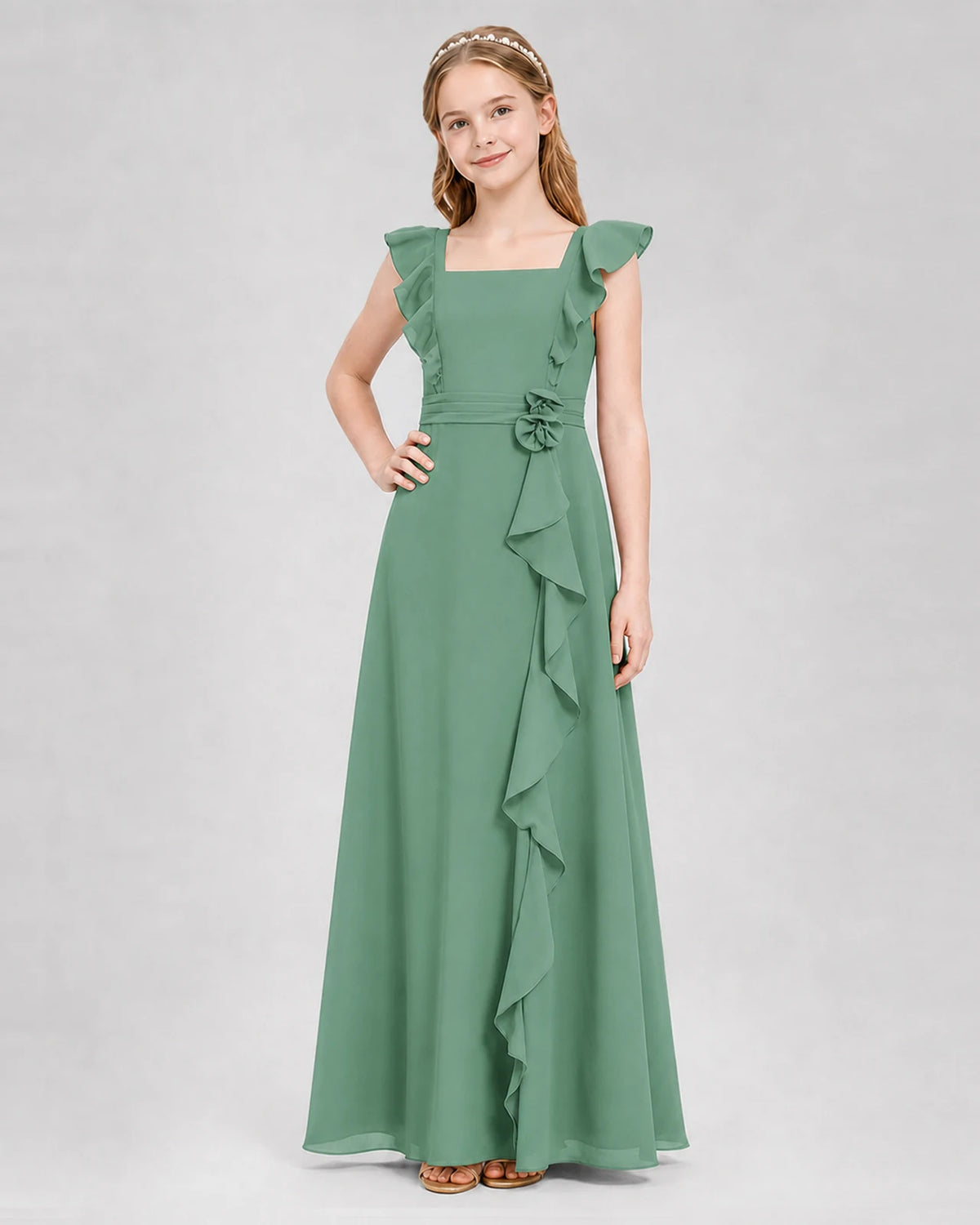Eucalyptus A-line Junior Bridesmaid Dresses Side