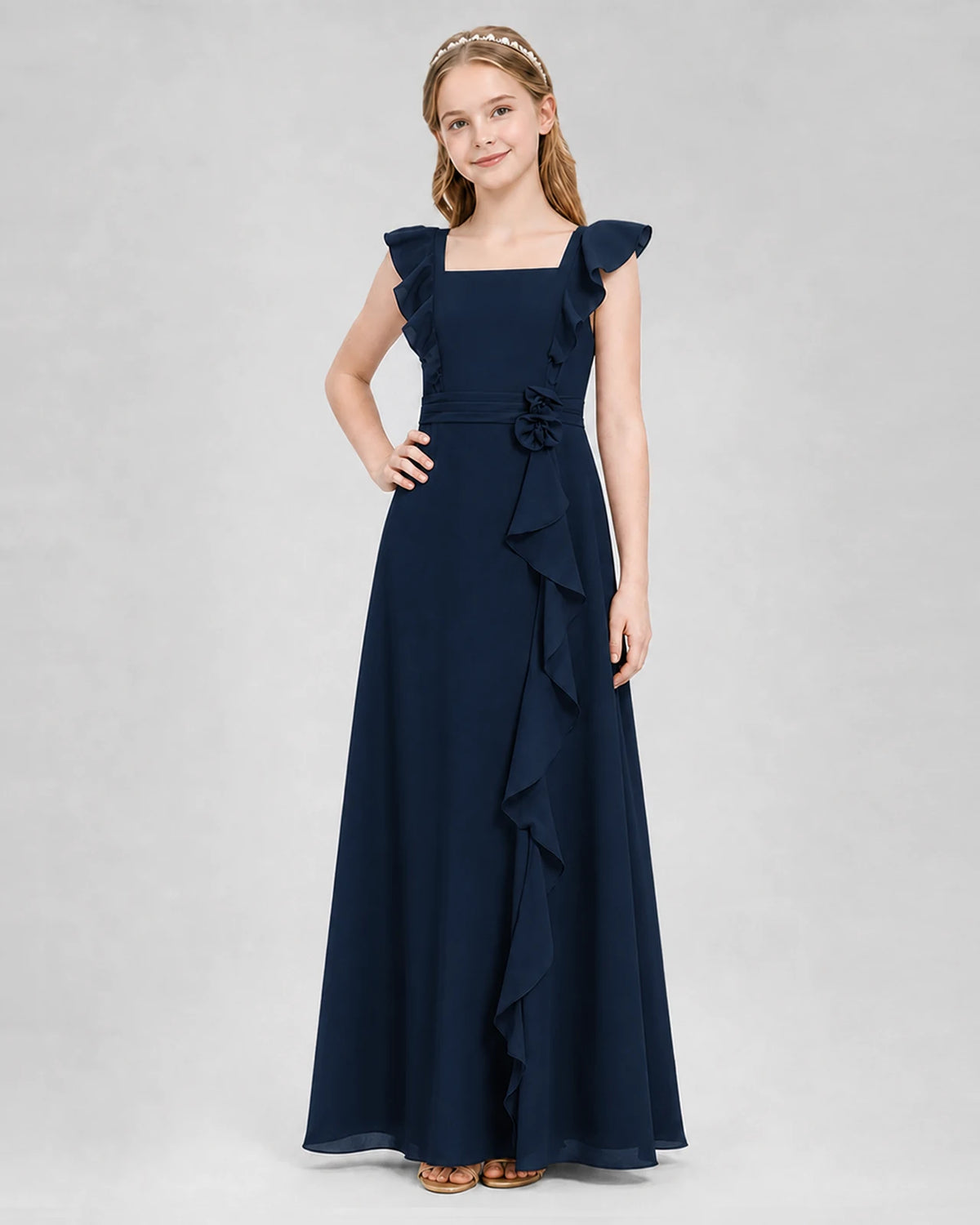 Navy Blue A-line Junior Bridesmaid Dresses Side