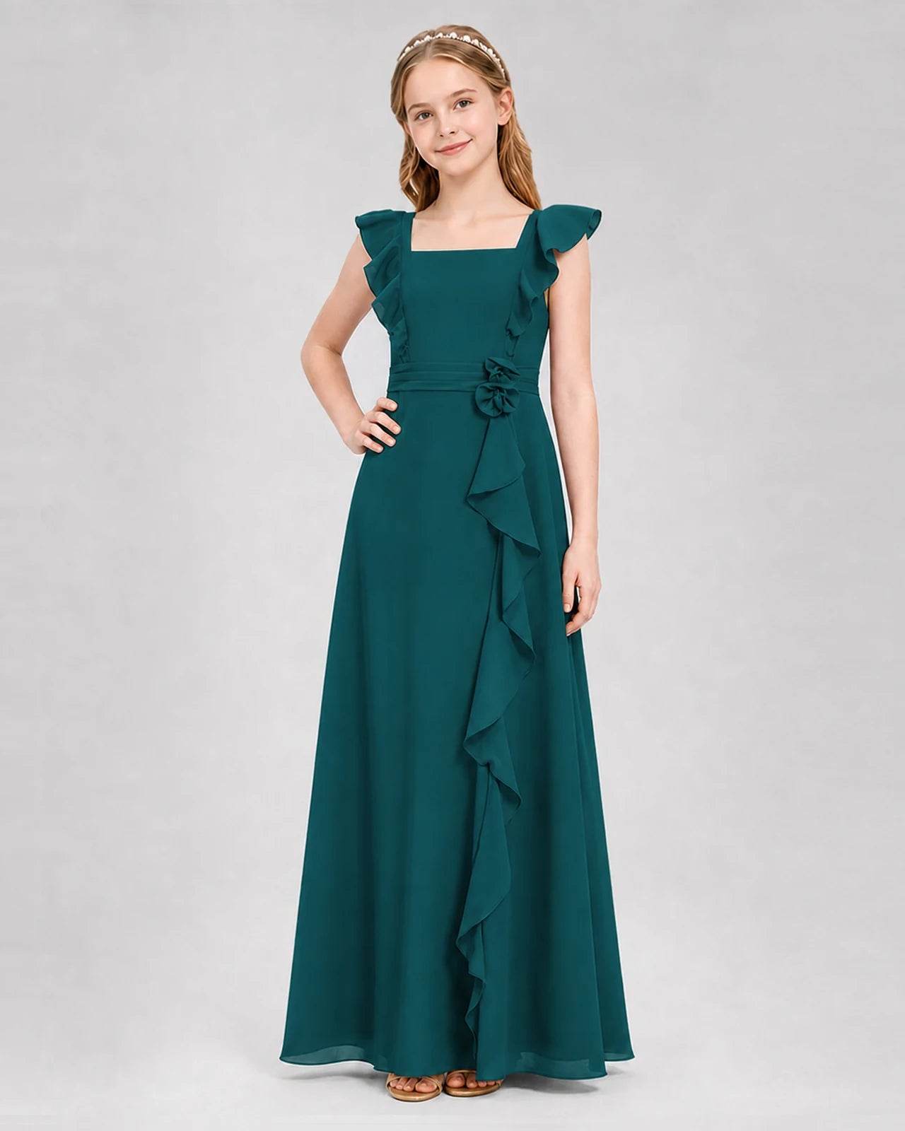 Peacock A-line Junior Bridesmaid Dresses Side
