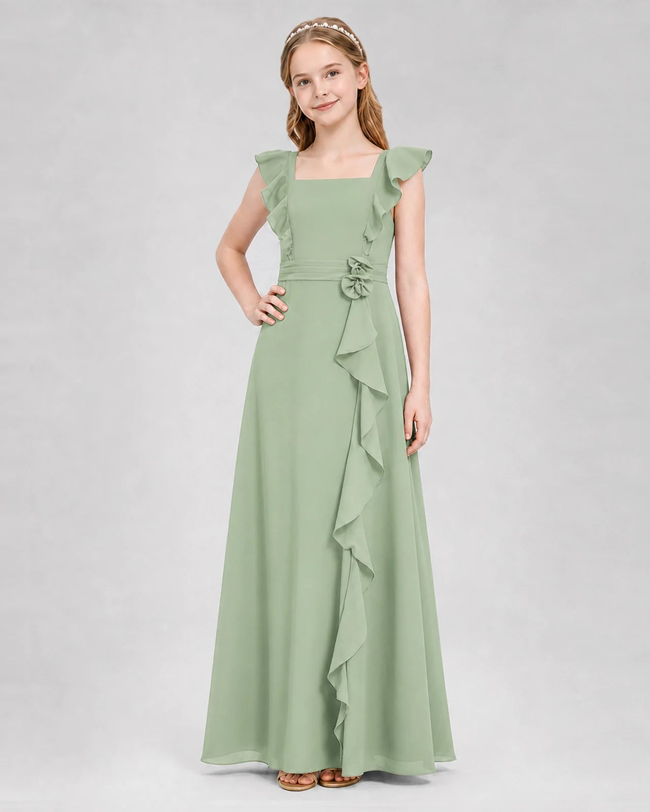 Sage Green A-line Junior Bridesmaid Dresses Side