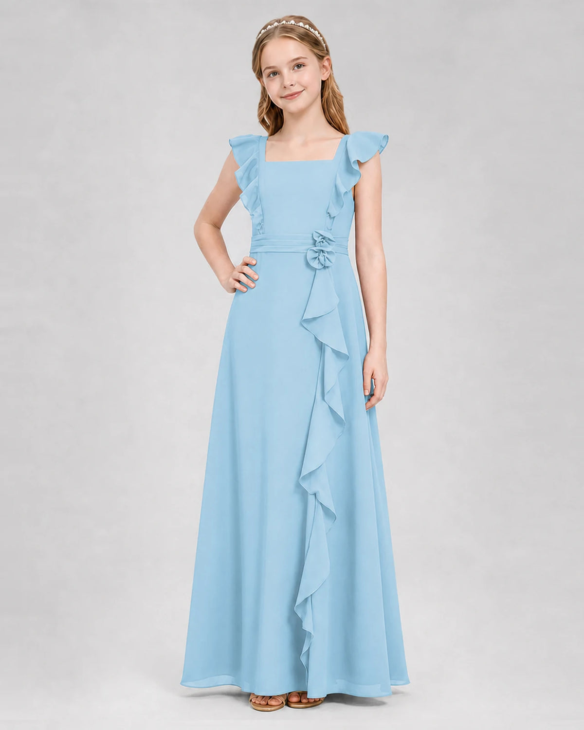 Sky Blue A-line Junior Bridesmaid Dresses Side