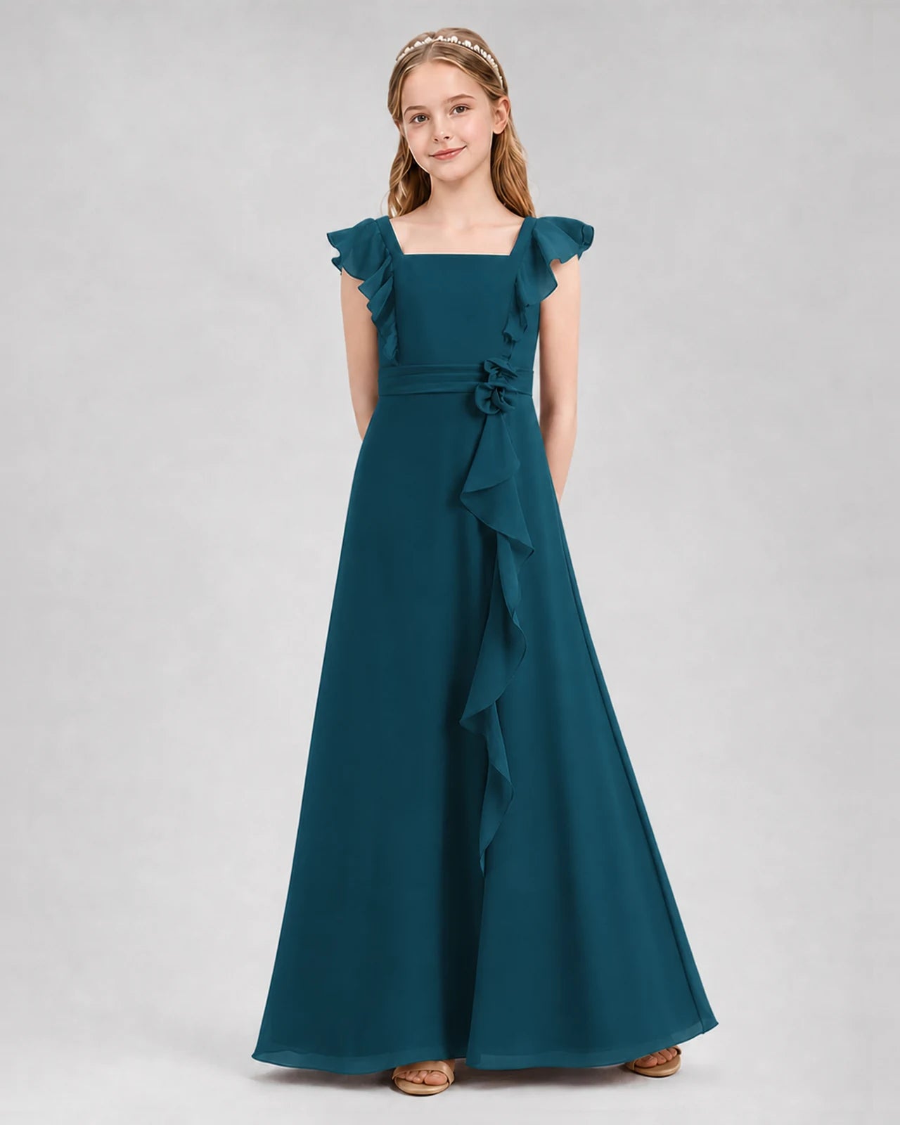 Teal A-line Junior Bridesmaid Dresses Front