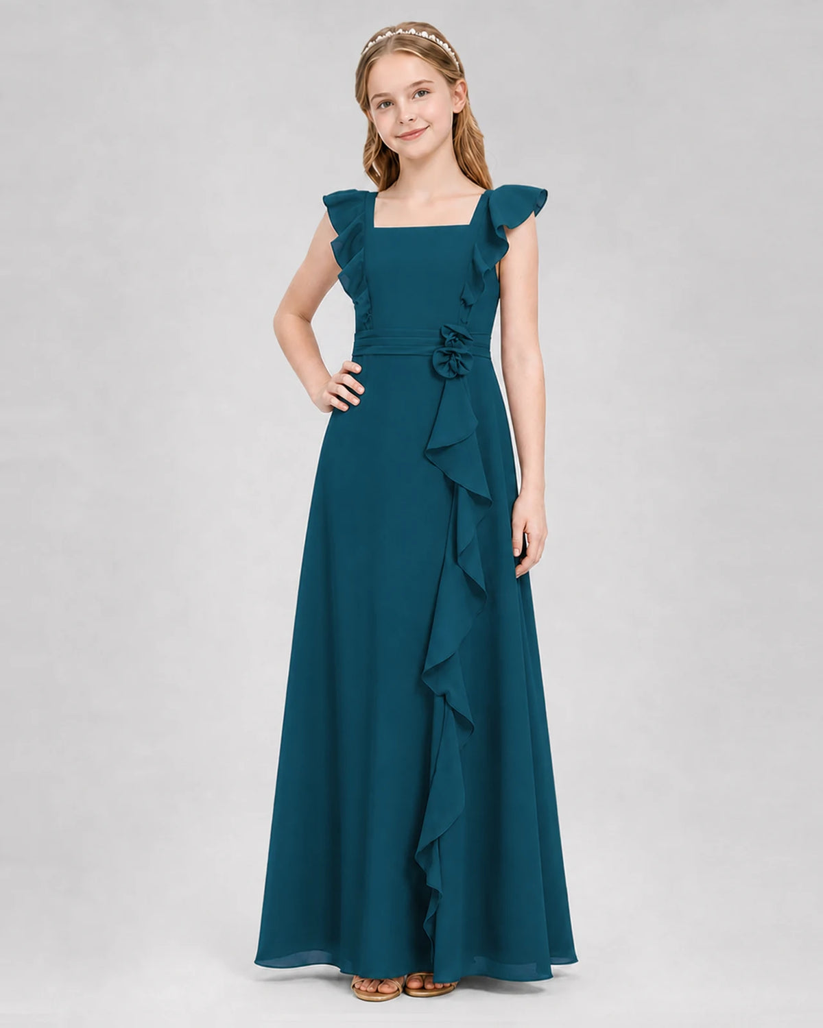 Teal A-line Junior Bridesmaid Dresses Side