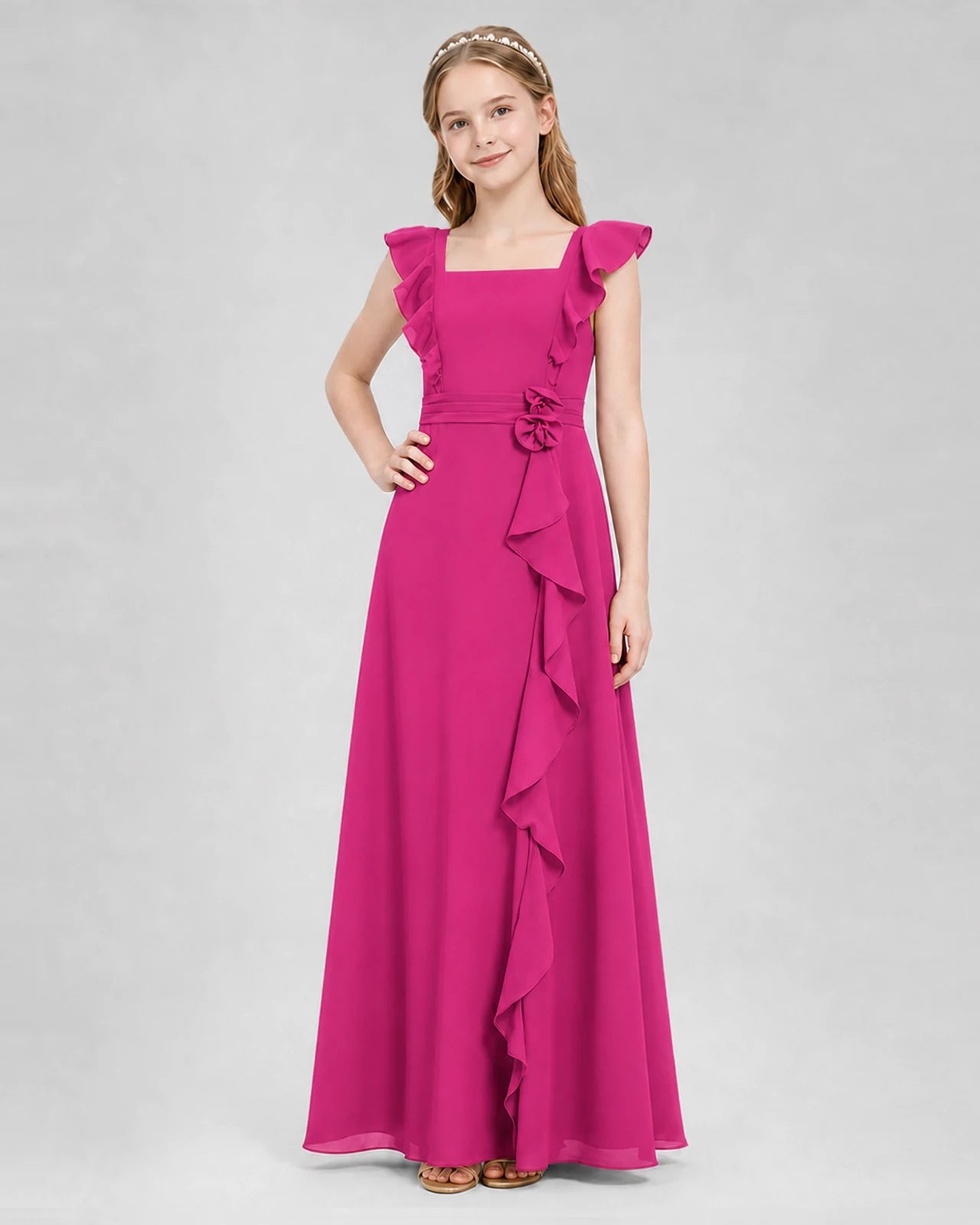 Hot Pink A-line Junior Bridesmaid Dresses Side
