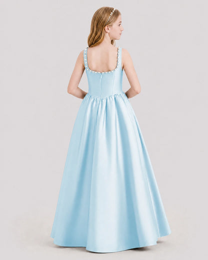 Dideyttawl Pearl Trim Square Neck Satin Junior Bridesmaid Dress