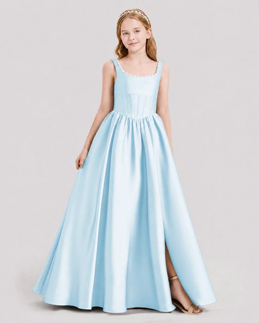 Dideyttawl Pearl Trim Square Neck Satin Junior Bridesmaid Dress
