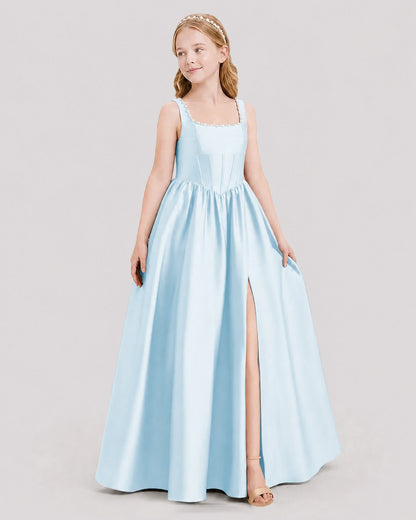 Dideyttawl Pearl Trim Square Neck Satin Junior Bridesmaid Dress