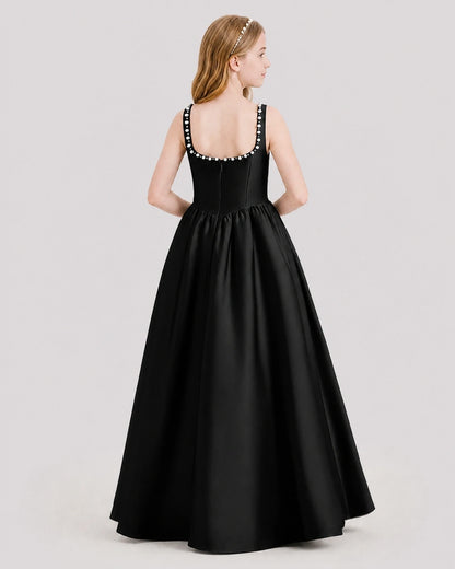 Dideyttawl Pearl Trim Square Neck Satin Junior Bridesmaid Dress