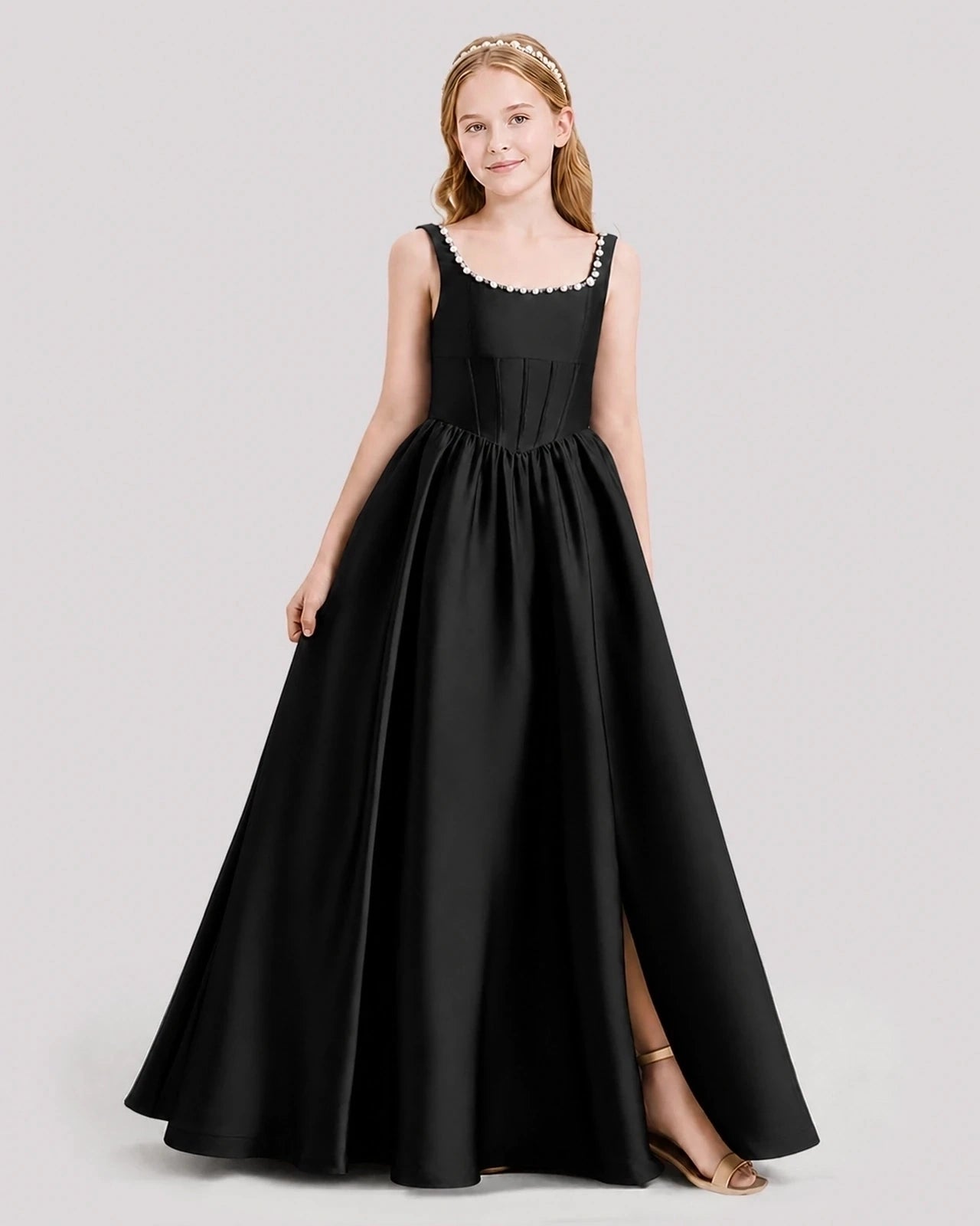 Dideyttawl Pearl Trim Square Neck Satin Junior Bridesmaid Dress