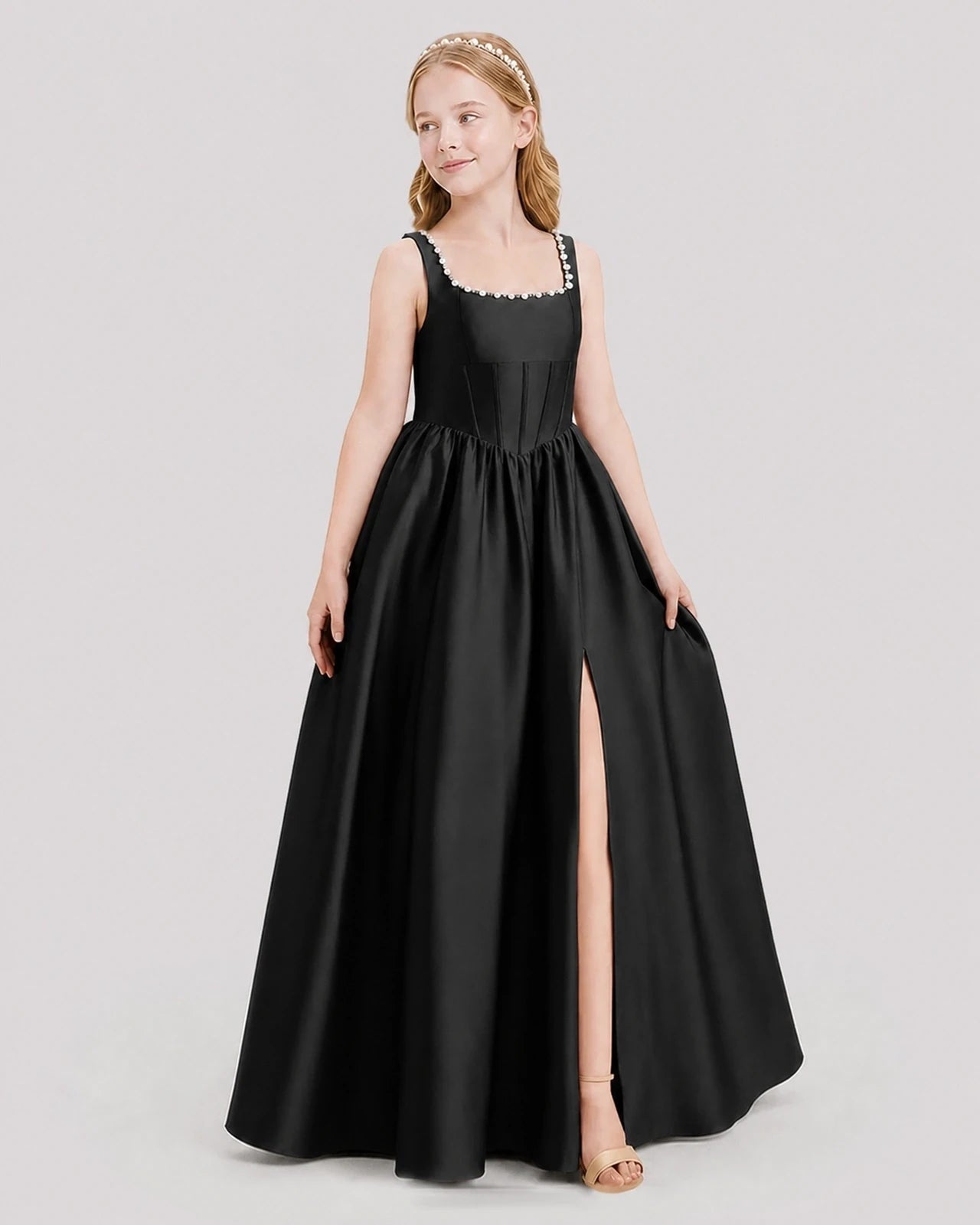Dideyttawl Pearl Trim Square Neck Satin Junior Bridesmaid Dress