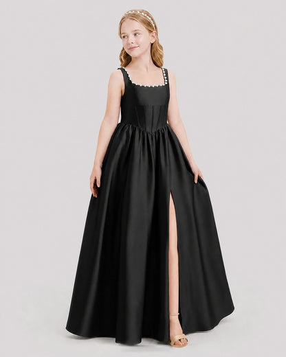 Dideyttawl Pearl Trim Square Neck Satin Junior Bridesmaid Dress