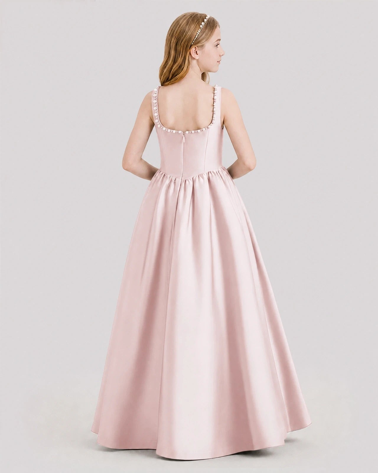 Dideyttawl Pearl Trim Square Neck Satin Junior Bridesmaid Dress