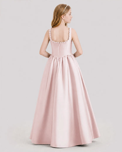 Dideyttawl Pearl Trim Square Neck Satin Junior Bridesmaid Dress