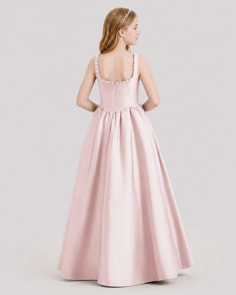 Blush Pink Satin Square Neck A-Line Junior Bridesmaid Dresses Back View