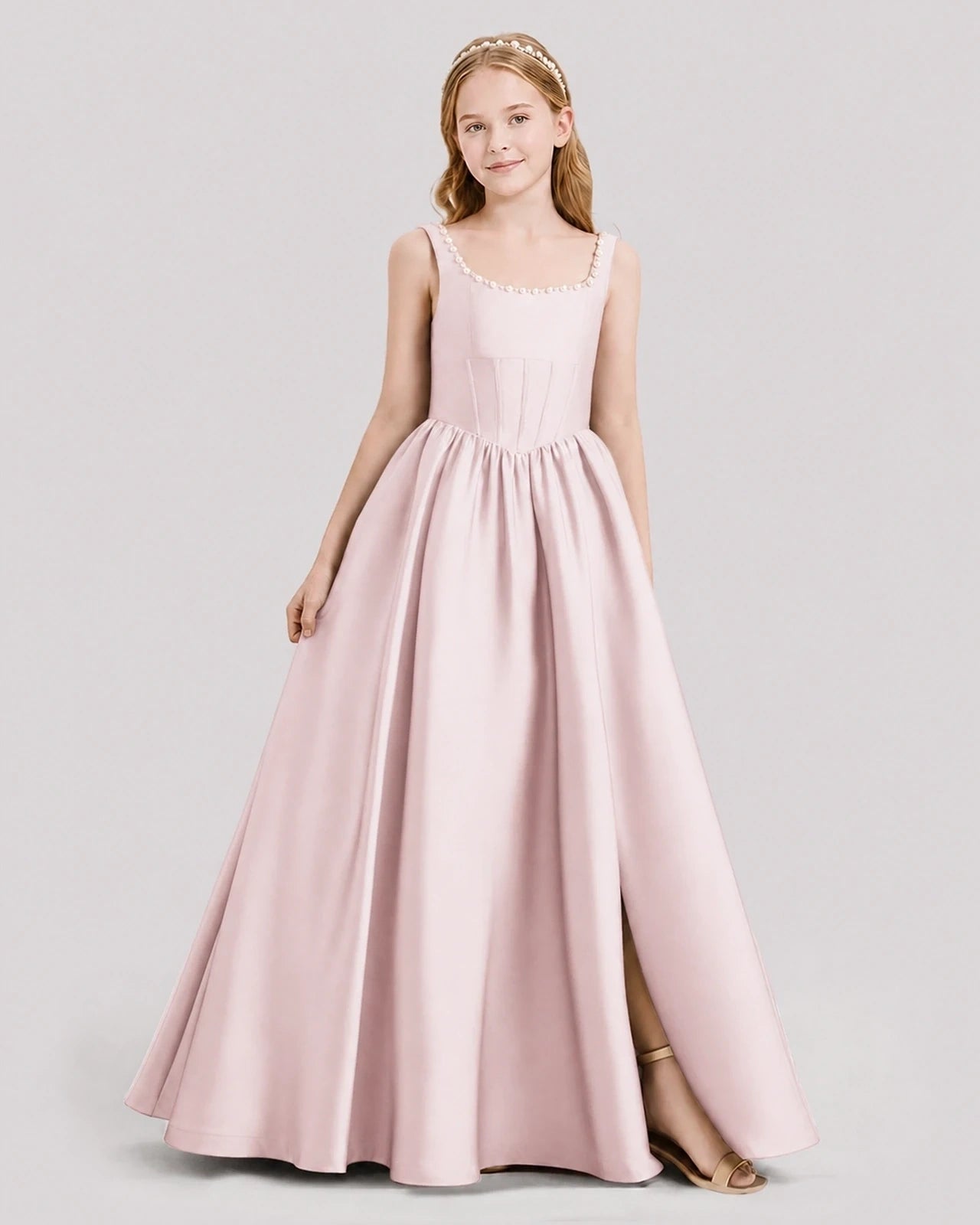Dideyttawl Pearl Trim Square Neck Satin Junior Bridesmaid Dress