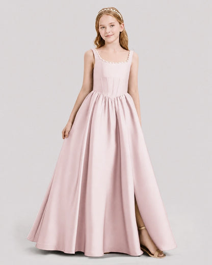 Dideyttawl Pearl Trim Square Neck Satin Junior Bridesmaid Dress