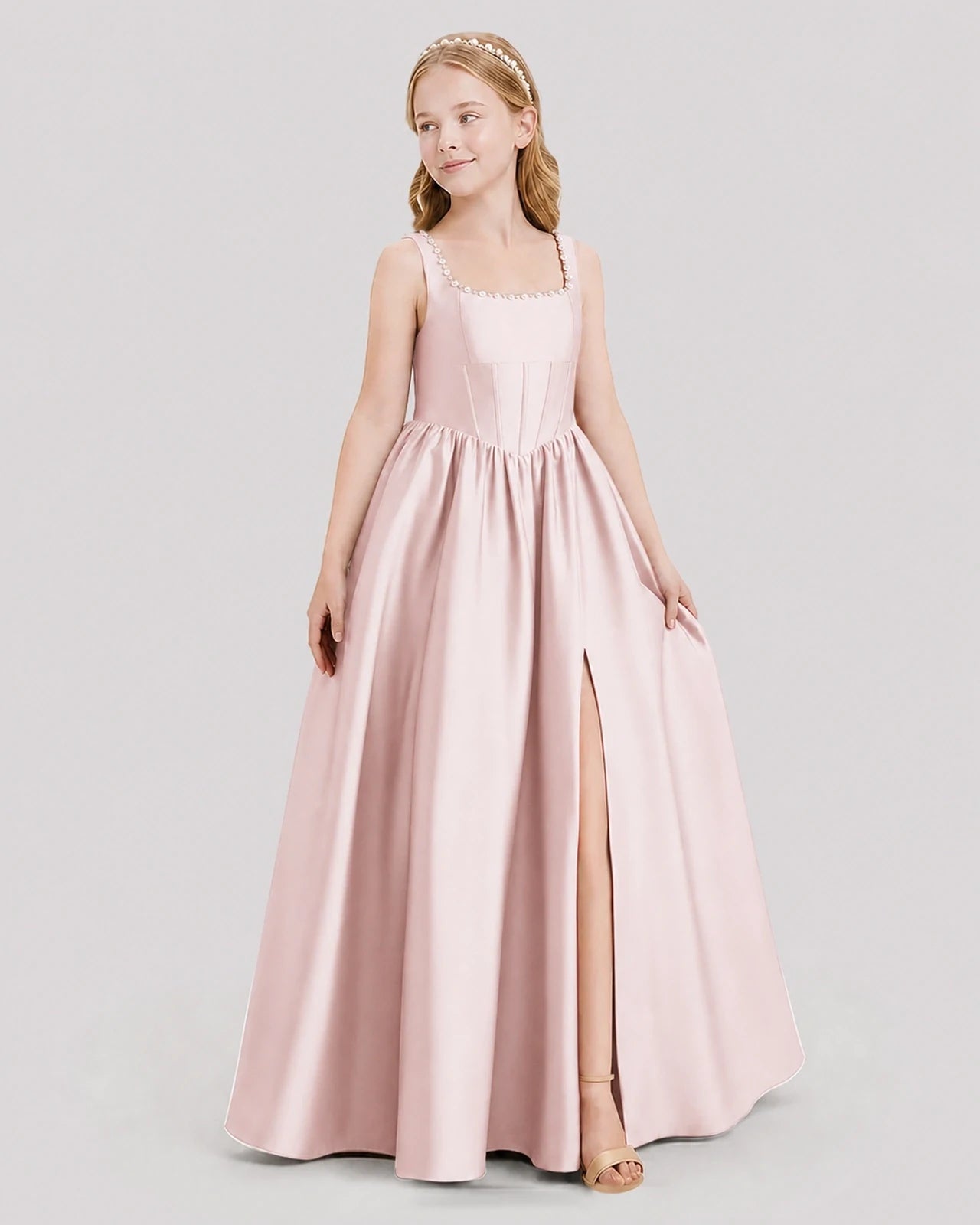 Dideyttawl Pearl Trim Square Neck Satin Junior Bridesmaid Dress