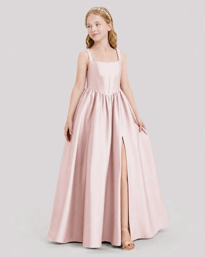 Dideyttawl Pearl Trim Square Neck Satin Junior Bridesmaid Dress