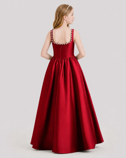 Dideyttawl Pearl Trim Square Neck Satin Junior Bridesmaid Dress