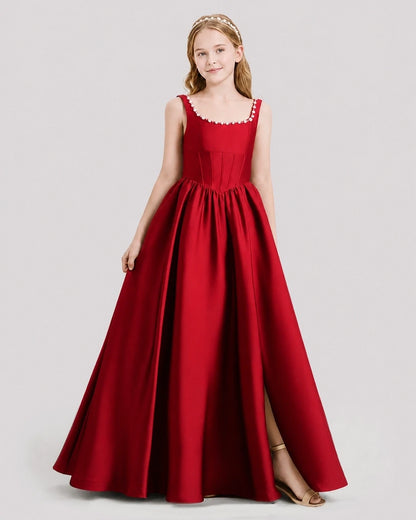 Dideyttawl Pearl Trim Square Neck Satin Junior Bridesmaid Dress