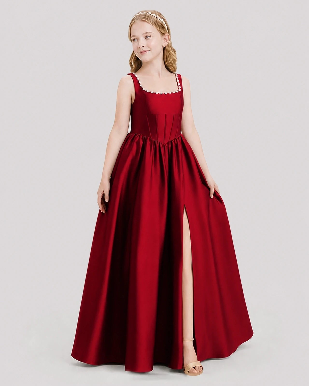 Dideyttawl Pearl Trim Square Neck Satin Junior Bridesmaid Dress