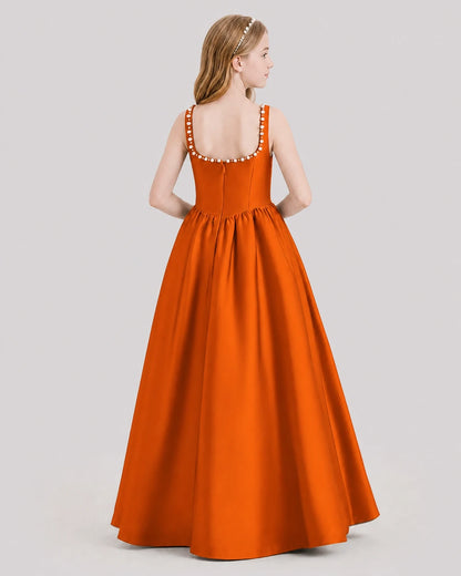 Dideyttawl Pearl Trim Square Neck Satin Junior Bridesmaid Dress
