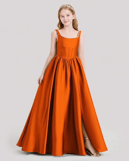 Dideyttawl Pearl Trim Square Neck Satin Junior Bridesmaid Dress