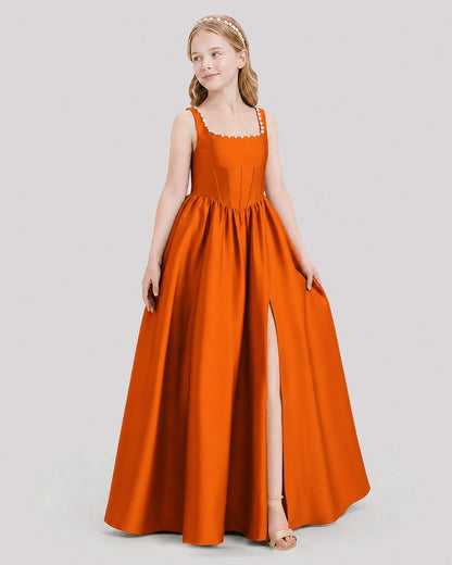 Dideyttawl Pearl Trim Square Neck Satin Junior Bridesmaid Dress